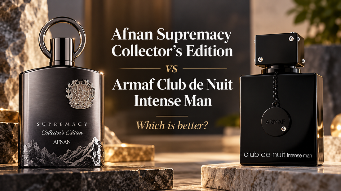 Afnan Supremacy Collector's Edition and Armaf Club de Nuit Intense Man perfume bottles side by side