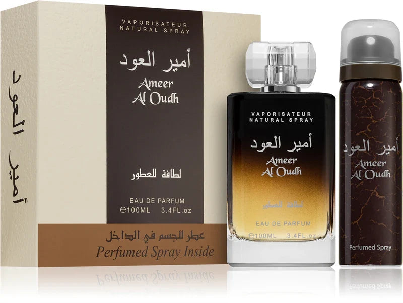 Lattafa Ameer Al Oudh men's gift set with 100ml Eau de Parfum and 50ml deodorant
