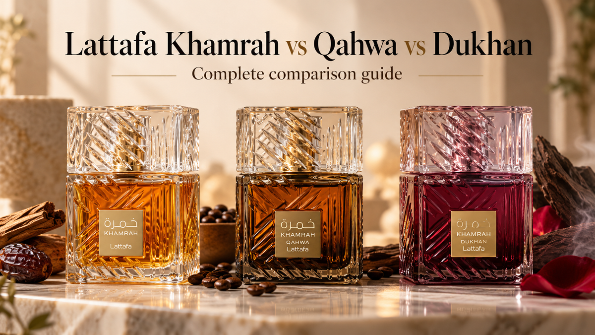 Lattafa Khamrah Original, Qahwa and Dukhan perfume bottles side by side