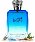Rasasi Hawas Nautilus 100ml perfume bottle with a blue glass body and silver cap
