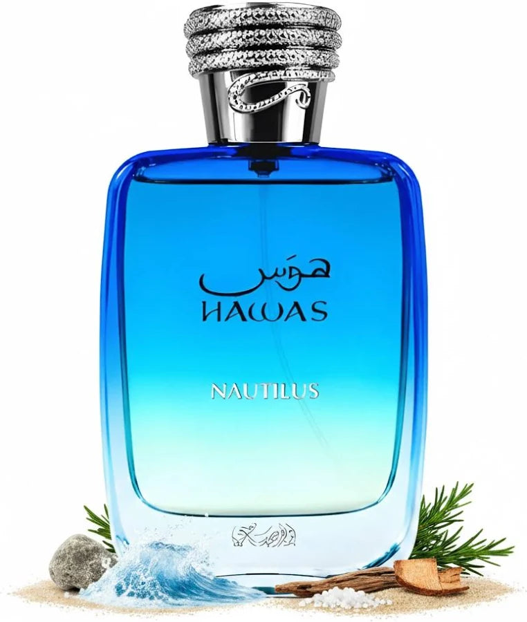 Rasasi Hawas Nautilus 100ml perfume bottle with a blue glass body and silver cap