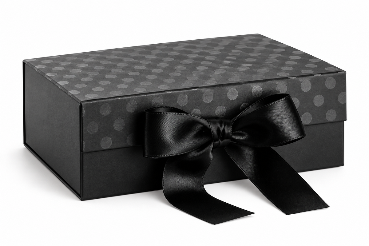 Black gift box with a dotted lid and black satin ribbon